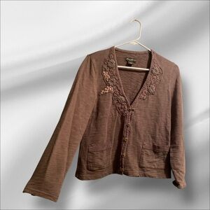 Eddie Bauer Distressed Shirt Jacket Women’s Petite Small Taupe Brown Pockets
